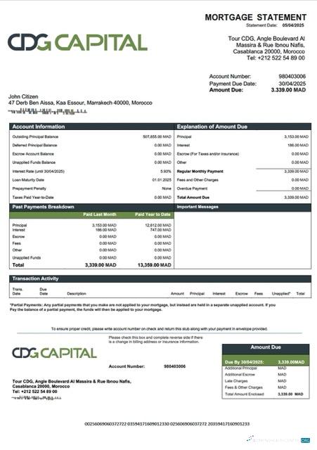 Download Morocco CDG Capital mortgage statement Word and PDF template Photoshop template